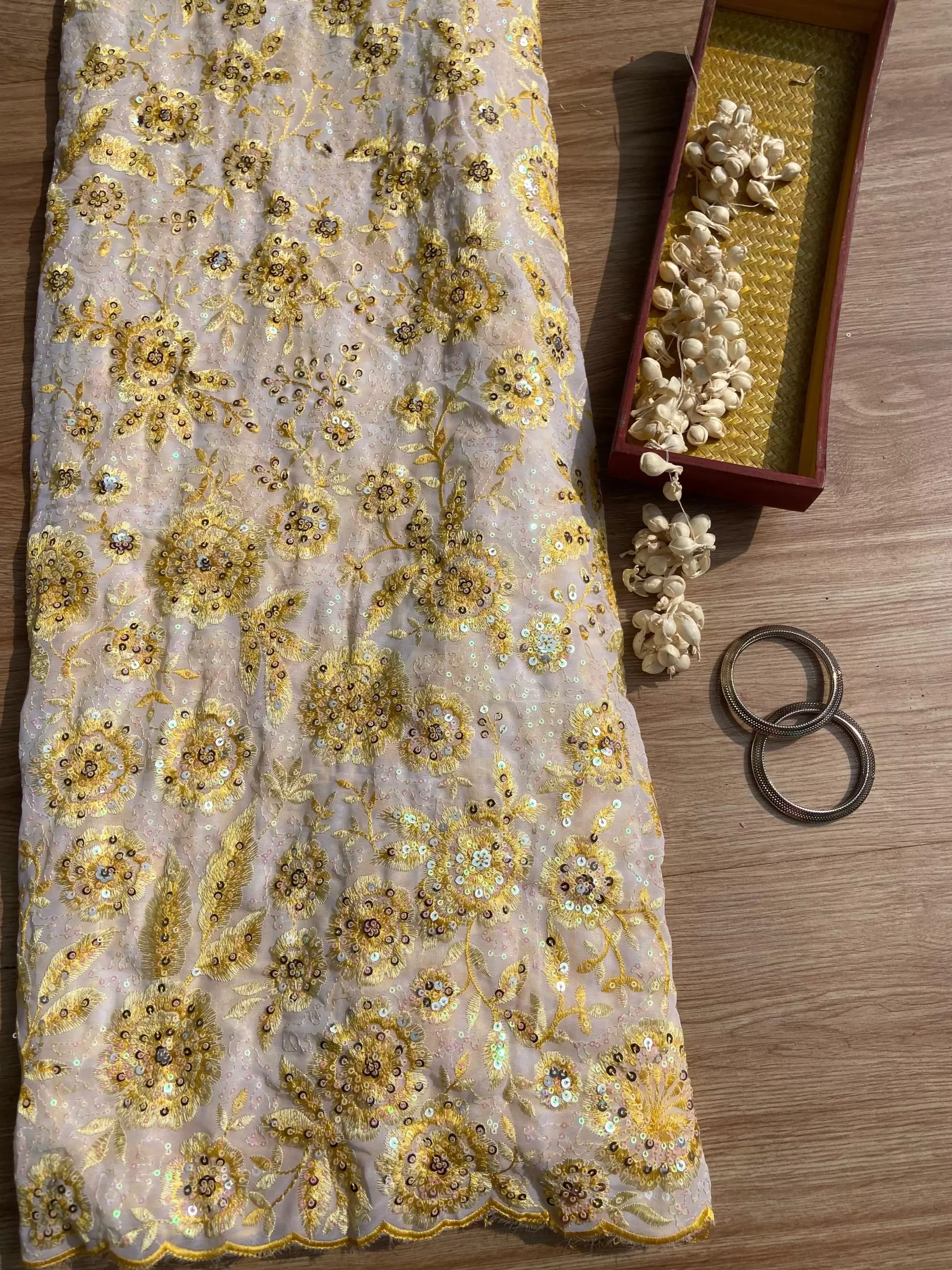Yellow thread and sequin floral embroidered pure viscose white big width georgette fabric