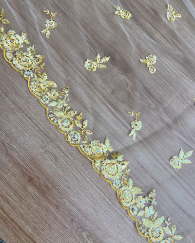 Yellow thread and sequin  floral embroidery border on net fabric dupatta