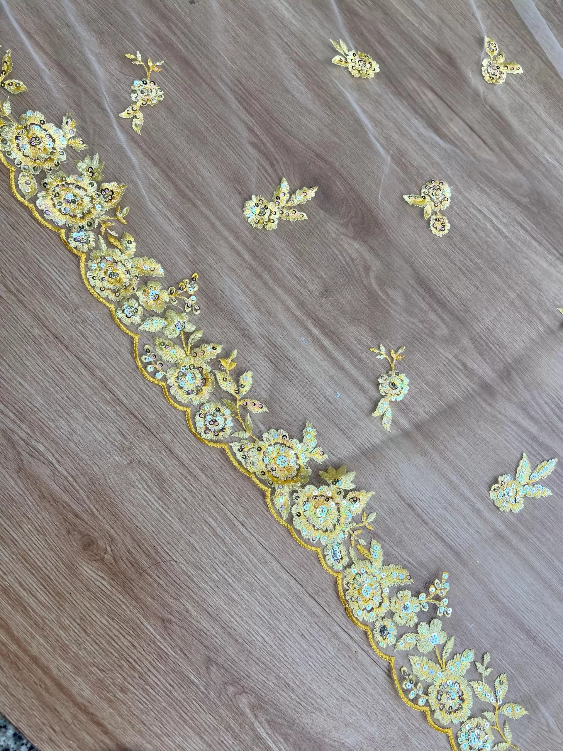 Yellow thread and sequin floral embroidery border on net fabric dupatta