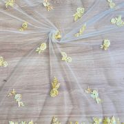 Yellow thread and sequin floral embroidery border on net fabric dupatta