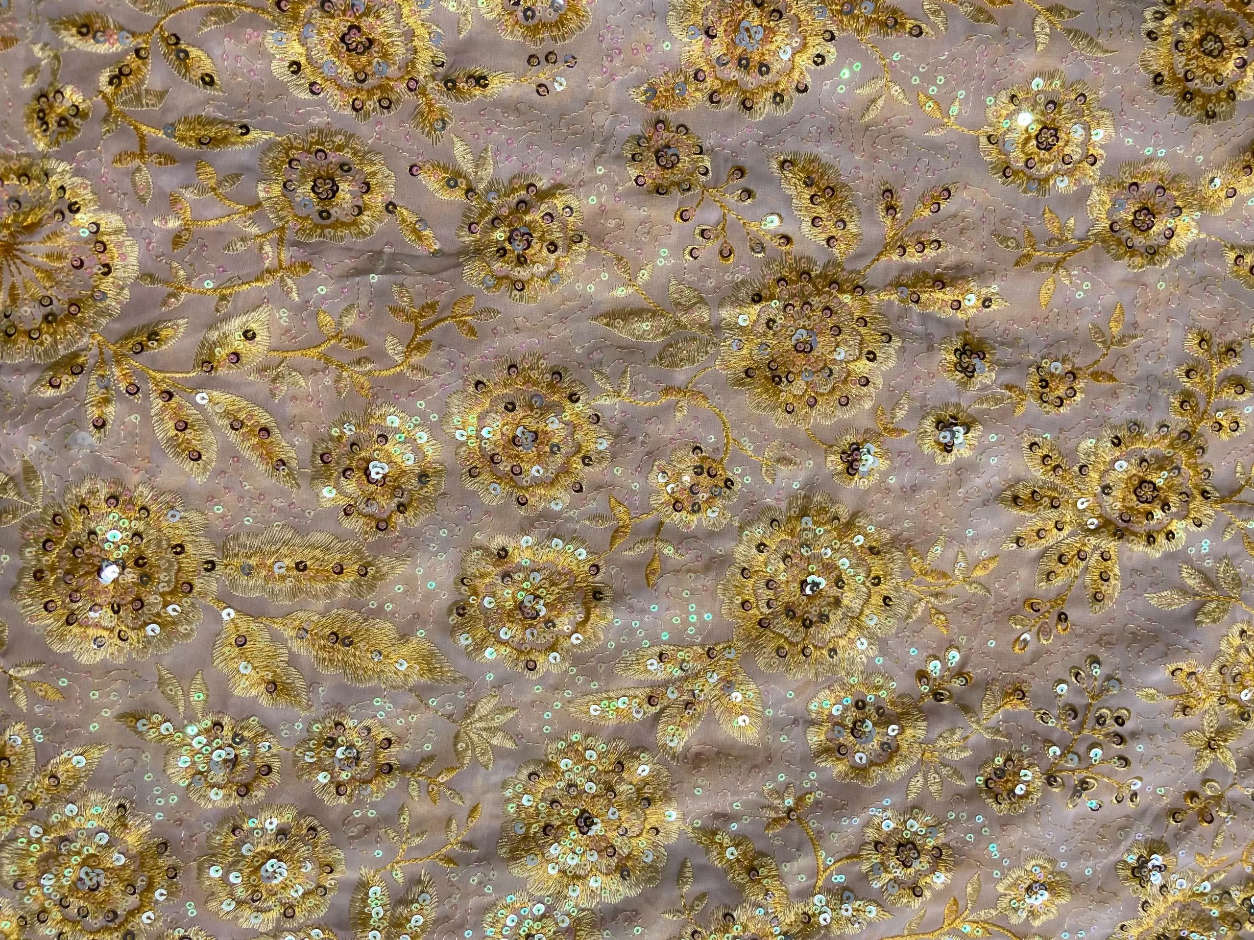 Yellow thread and sequin floral embroidered pure viscose white big width georgette fabric