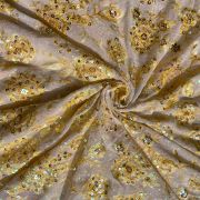 Yellow thread and sequin floral embroidered pure viscose white big width georgette fabric