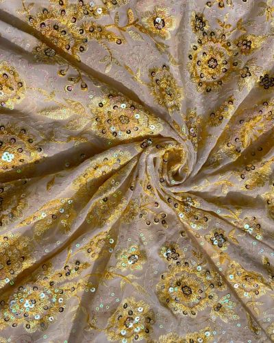 Yellow thread and sequin floral embroidered pure  viscose white big width georgette fabric