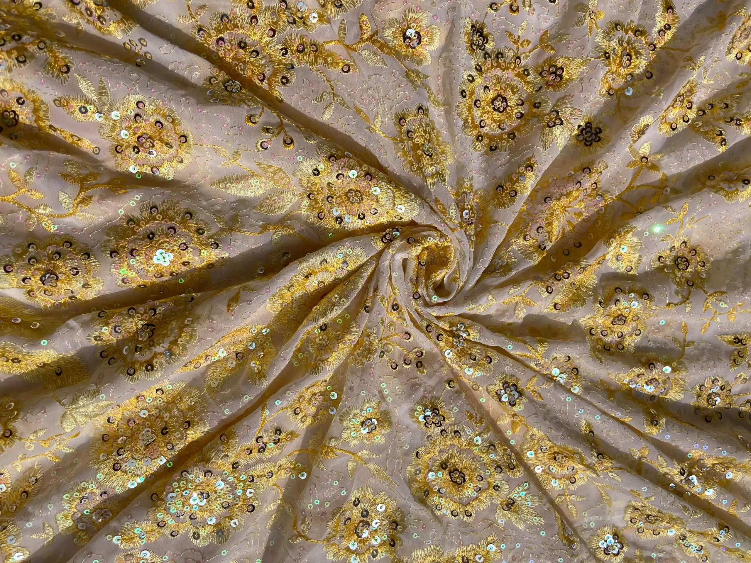 Yellow thread and sequin floral embroidered pure viscose white big width georgette fabric