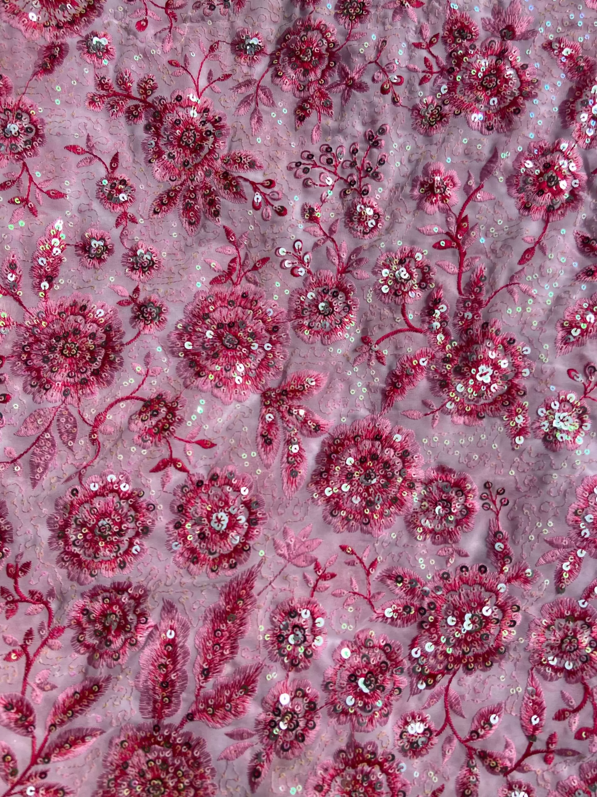 Pink thread and sequin floral embroidered pure viscose white big width georgette fabric