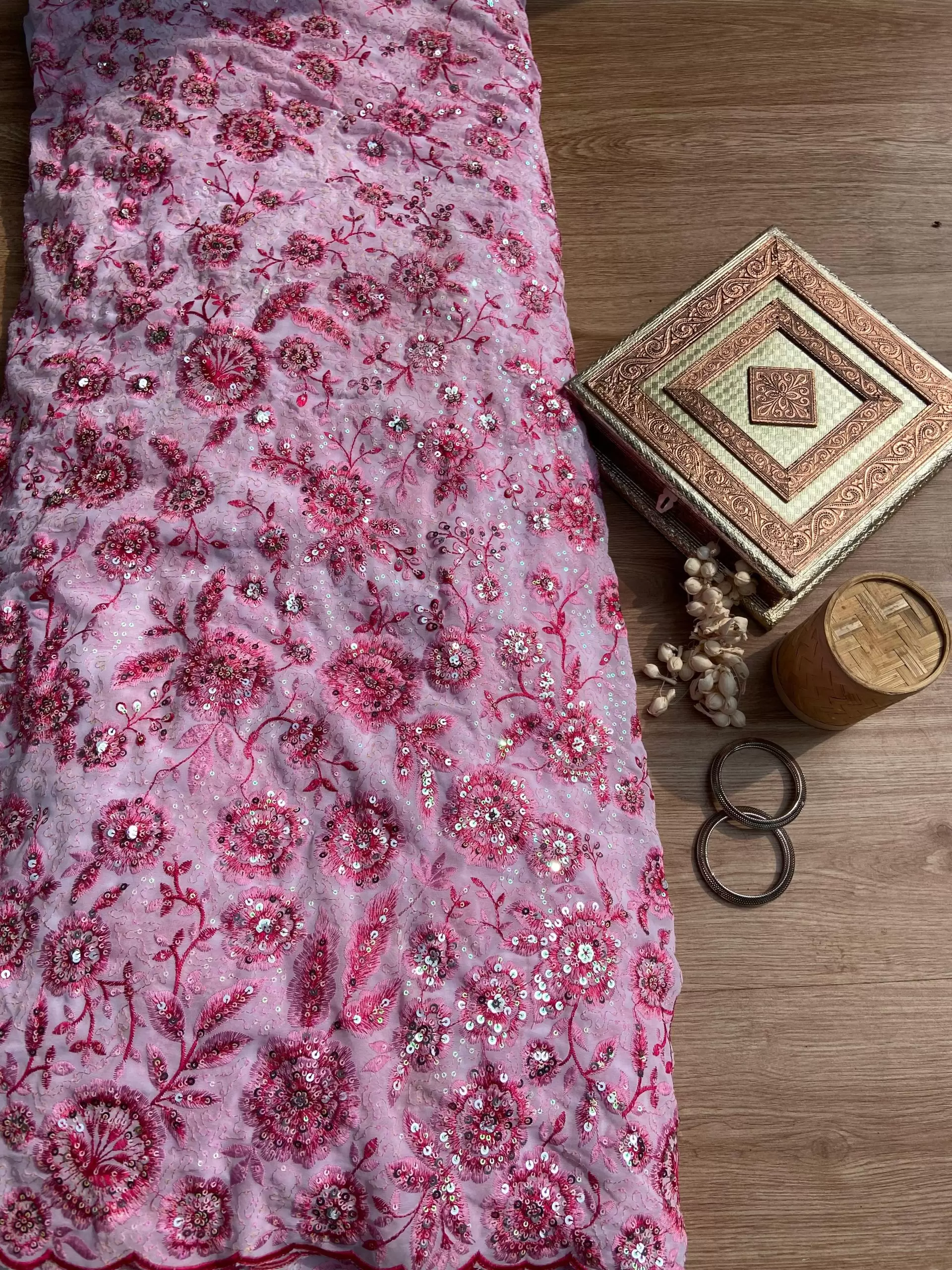 Pink thread and sequin floral embroidered pure viscose white big width georgette fabric