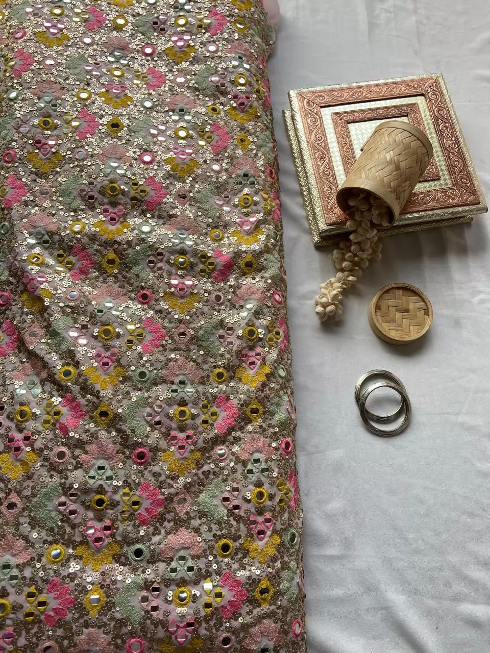 Baby Pink Pure Georgette Fabric with Heavy Multicolor Thread, Sequin & Mirror Embroidery