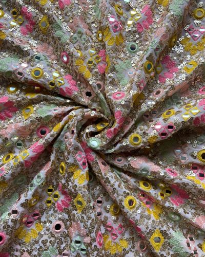 Baby Pink Pure Georgette Fabric with Heavy Multicolor Thread, Sequin & Mirror Embroidery