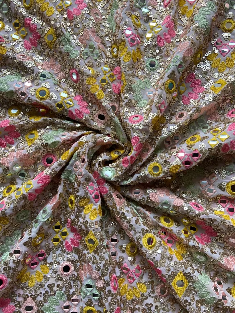 Baby Pink Pure Georgette Fabric with Heavy Multicolor Thread, Sequin & Mirror Embroidery