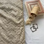 Heavy mirror and sequin embroidery in zig zag on golden cosmos tissue silk fabric