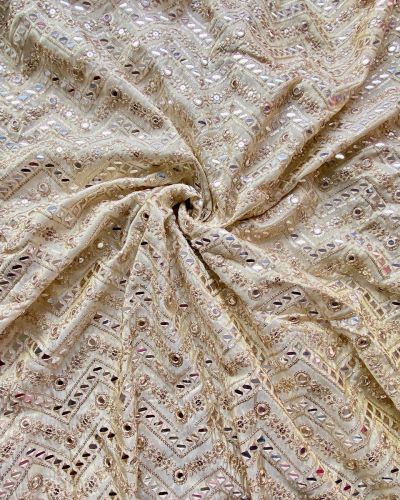 Heavy mirror and sequin embroidery in zig zag on golden cosmos tissue silk fabric