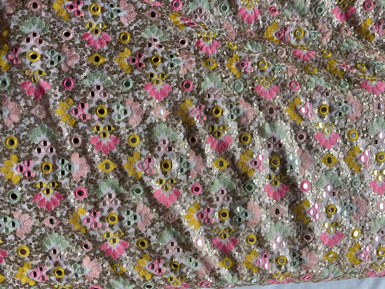 Baby Pink Pure Georgette Fabric with Heavy Multicolor Thread, Sequin & Mirror Embroidery