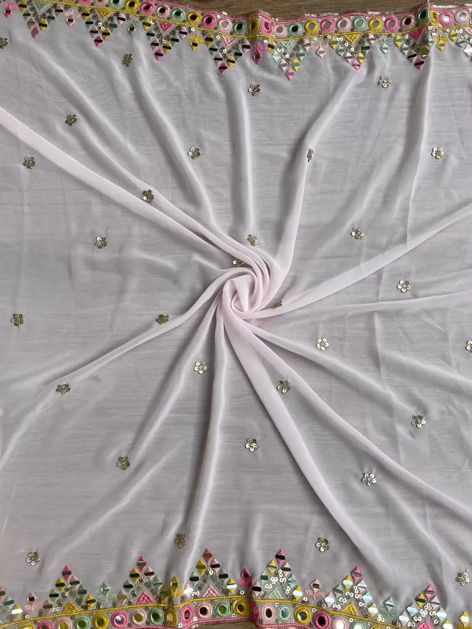 Baby Pink Pure Georgette Dupatta with Multicolor Thread & Mirror Embroidery