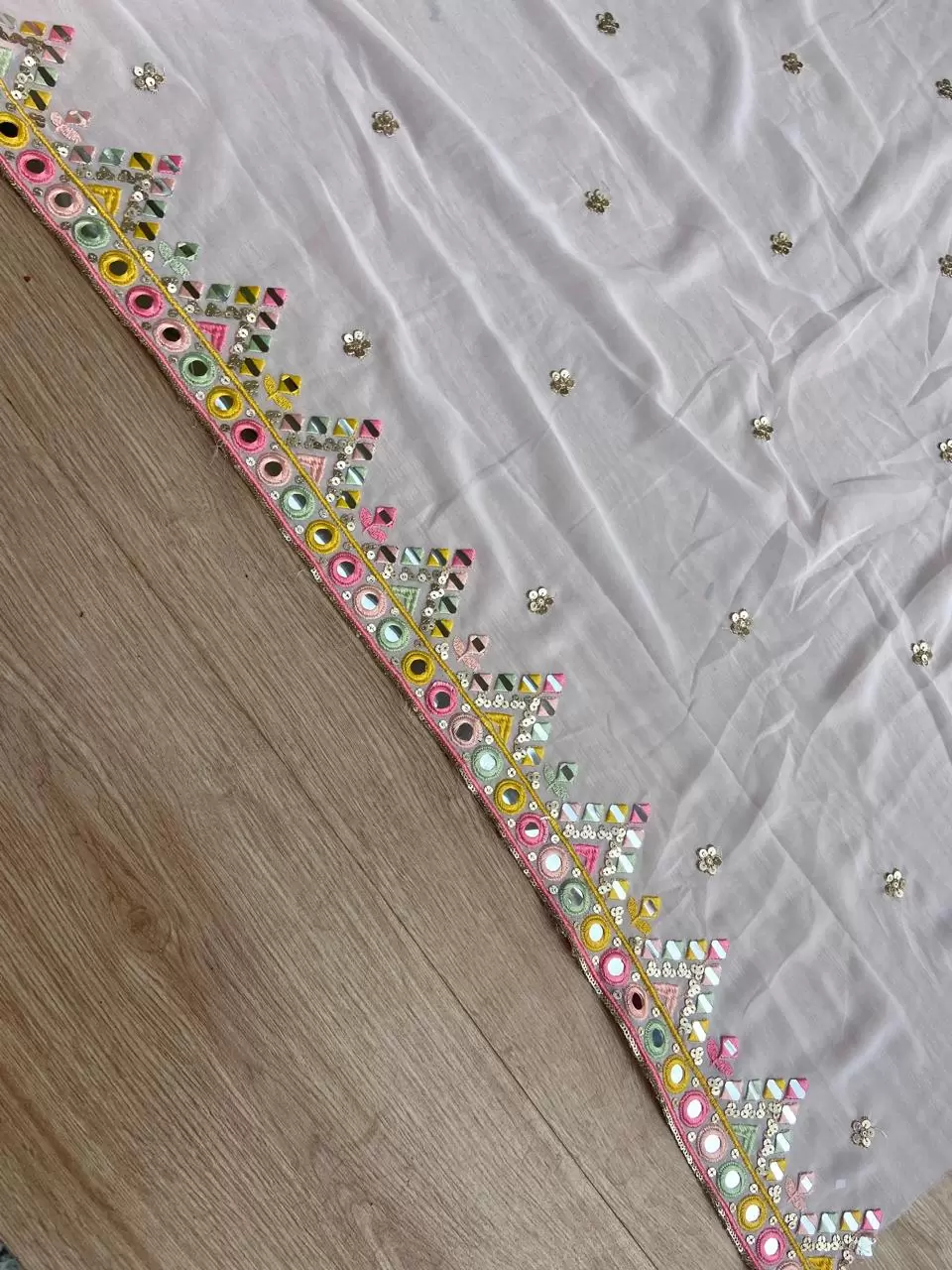 Baby Pink Pure Georgette Dupatta with Multicolor Thread & Mirror Embroidery