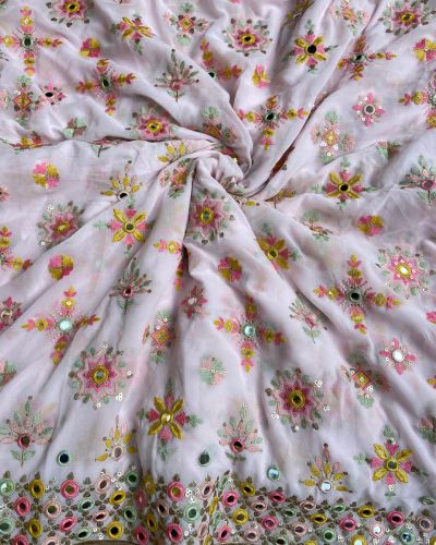 Multicolour thread and mirror embroidery in buta on border  baby pink pure georgette fabric