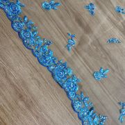 Blue thread and sequin floral embroidery border on net fabric dupatta