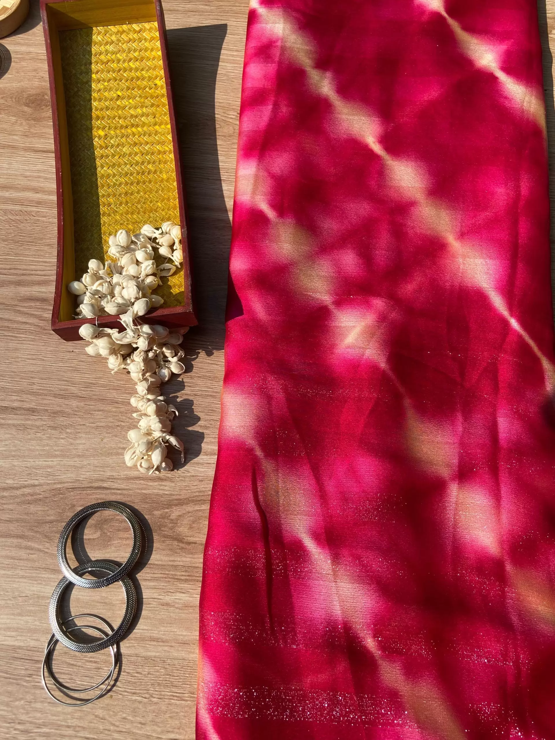 Pink Shibori Tie-Dye Chiffon Fabric with Shimmer Zari Detail