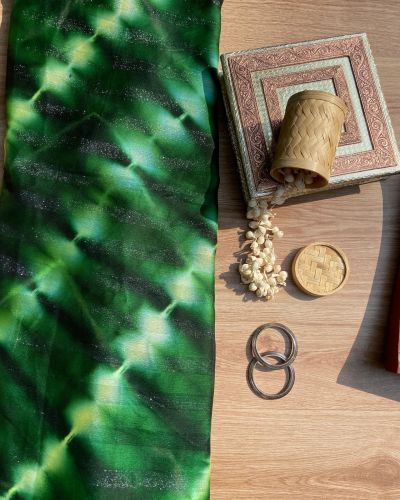 Green Shibori Tie-Dye Chiffon Fabric with Shimmer Zari Detail