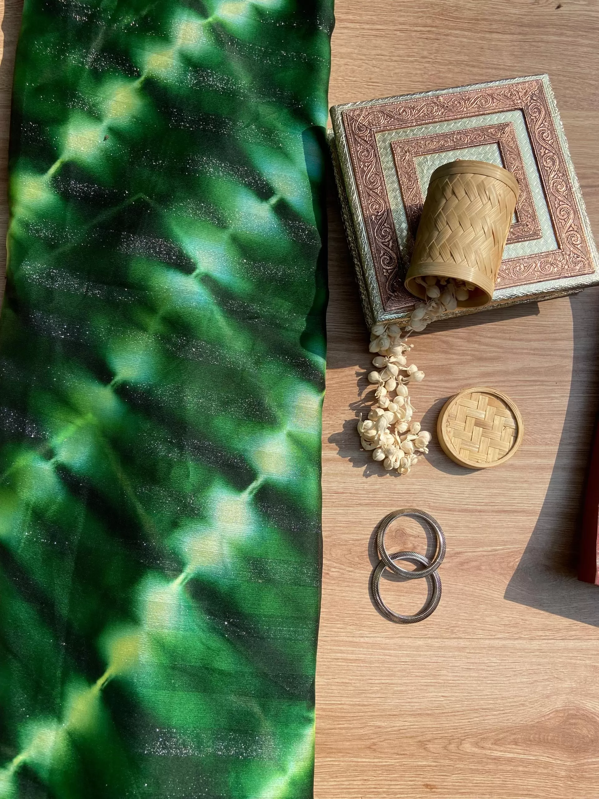 Green Shibori Tie-Dye Chiffon Fabric with Shimmer Zari Detail