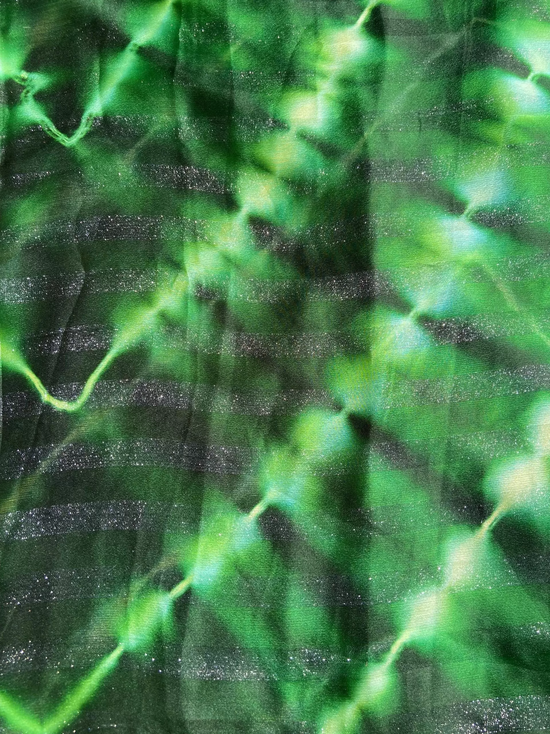 Green Shibori Tie-Dye Chiffon Fabric with Shimmer Zari Detail