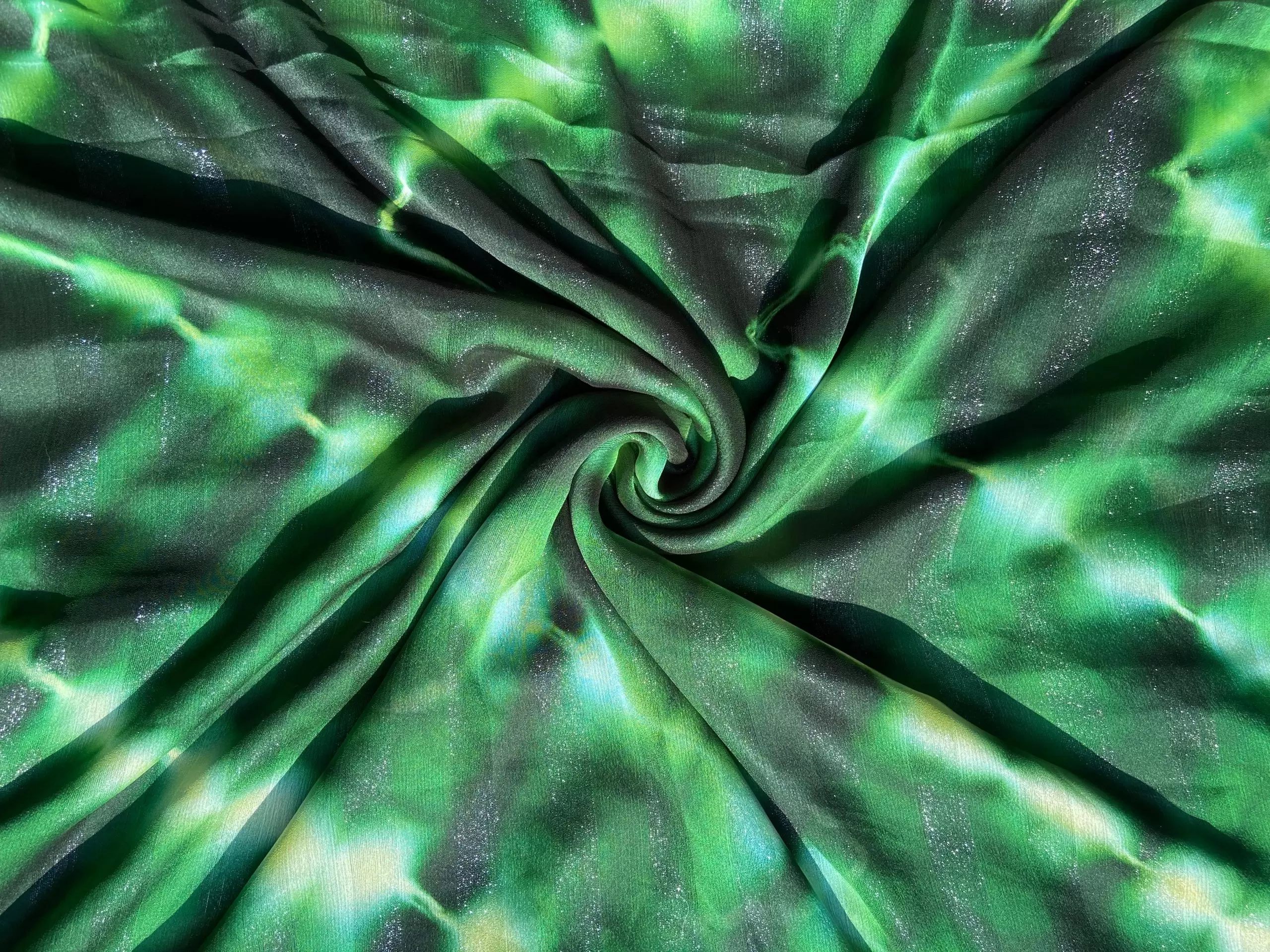 Green Shibori Tie-Dye Chiffon Fabric with Shimmer Zari Detail