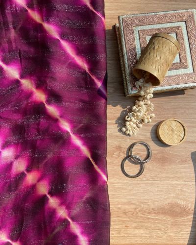 Wine Shibori Tie-Dye Chiffon Fabric with Shimmer Zari Detail