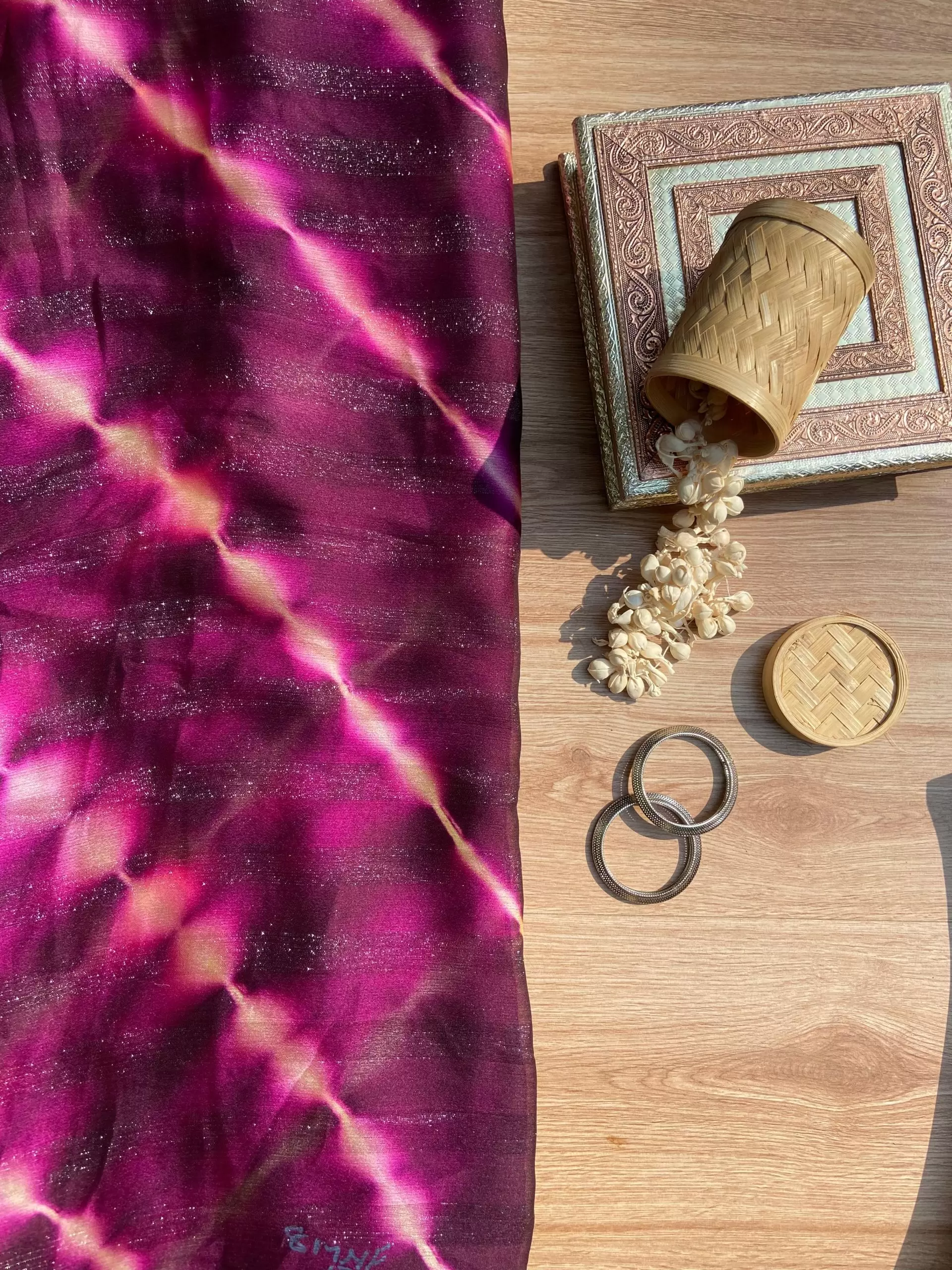 Wine Shibori Tie-Dye Chiffon Fabric with Shimmer Zari Detail
