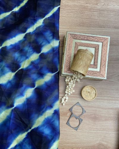 Navy Blue Shibori Tie-Dye Chiffon Fabric with Zari Detail