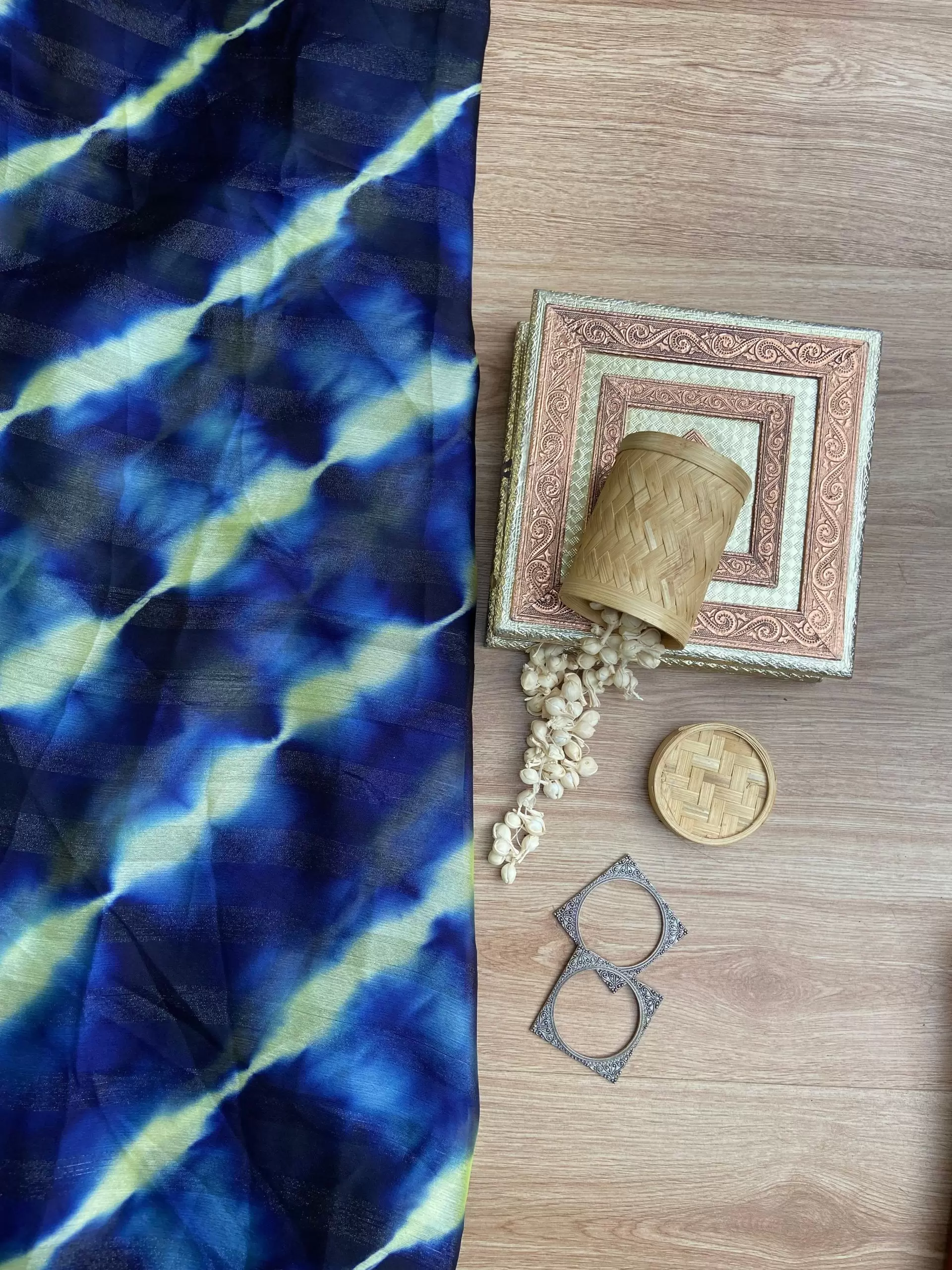 Navy Blue Shibori Tie-Dye Chiffon Fabric with Zari Detail