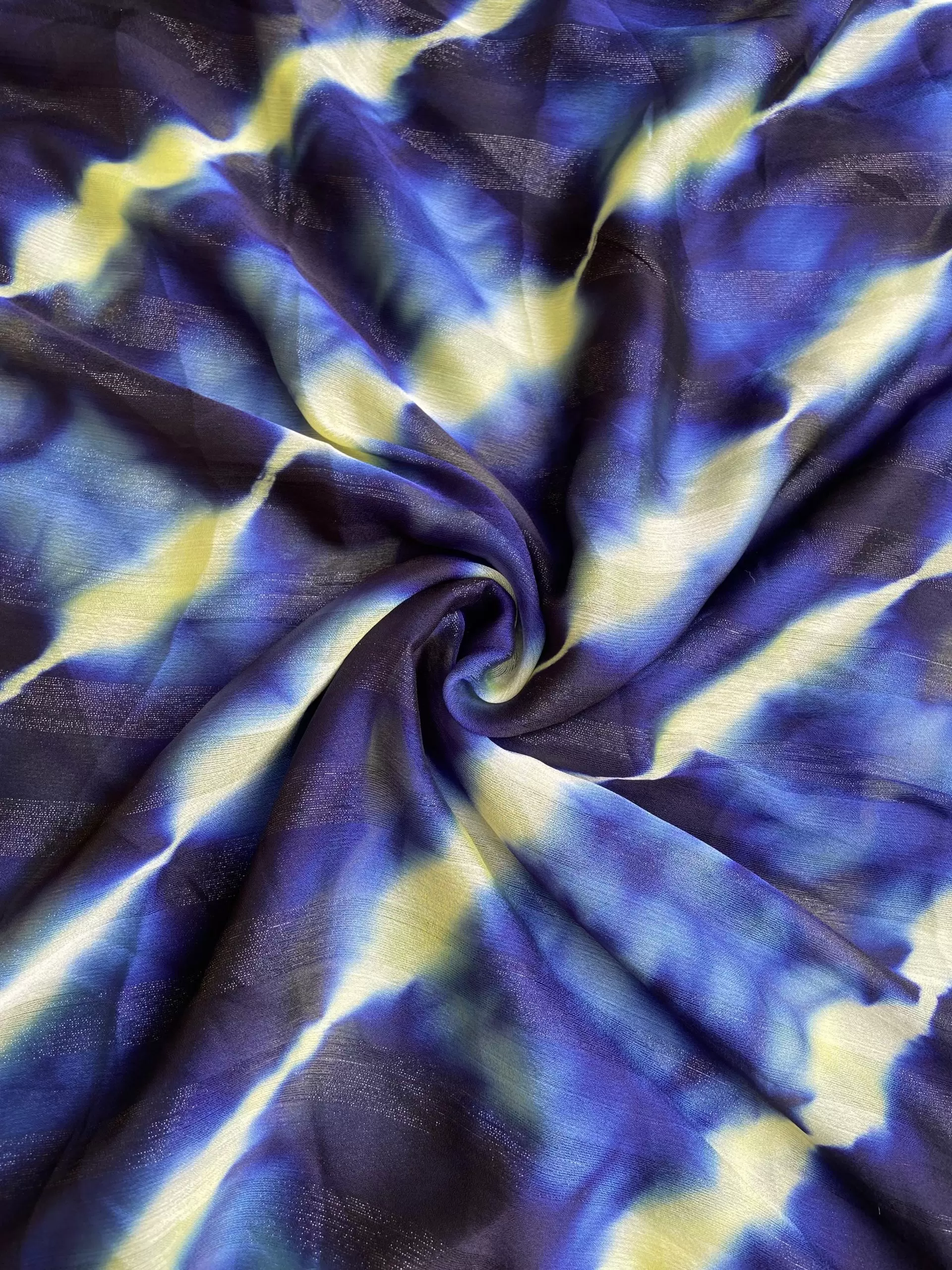 Navy Blue Shibori Tie-Dye Chiffon Fabric with Zari Detail
