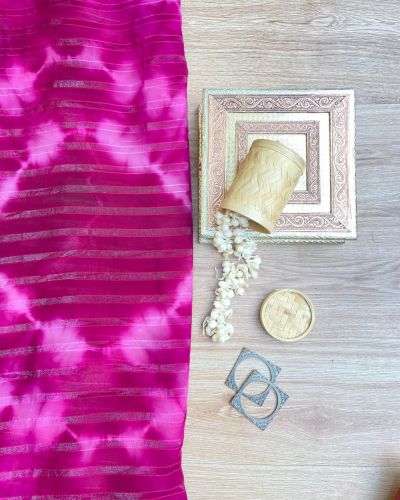 Rani Pink Shibori Tie-Dye Chiffon Fabric with Shimmer Zari Detail