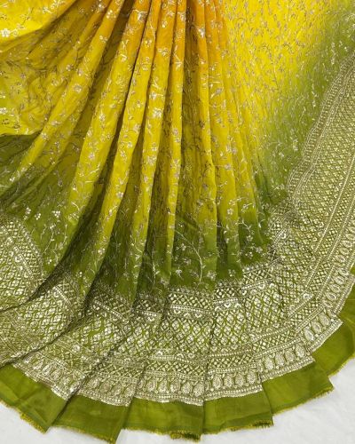 Yellow to green Ombre Shaded tissue  silk fabric with heavy floral Zari and sequin embroidery with border