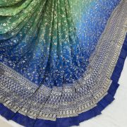 Green to blue Ombre Shaded tissue silk fabric with heavy floral Zari and sequin embroidery with border