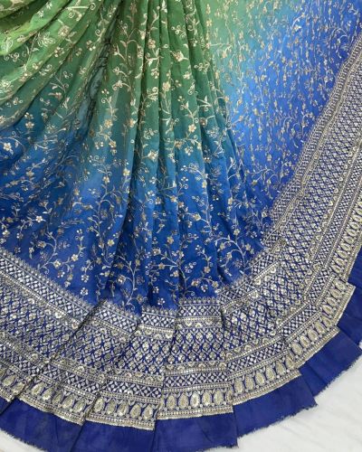 Green to blue Ombre Shaded tissue  silk fabric with heavy floral Zari and sequin embroidery with border