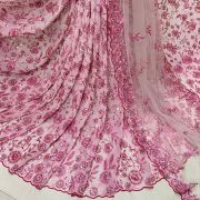 Pink thread and sequin floral embroidered pure viscose white big width georgette fabric