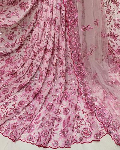 Pink thread and sequin floral embroidered pure  viscose white big width georgette fabric