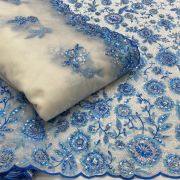 Blue thread and sequin floral embroidered pure viscose white big width georgette fabric