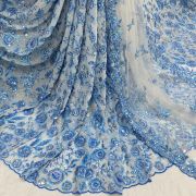 Blue thread and sequin floral embroidered pure viscose white big width georgette fabric