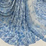Blue thread and sequin floral embroidered pure viscose white big width georgette fabric