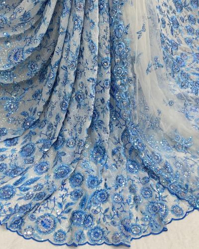 Blue thread and sequin floral embroidered pure  viscose white big width georgette fabric