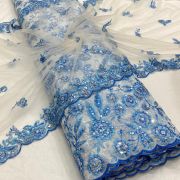 Blue thread and sequin floral embroidered pure viscose white big width georgette fabric