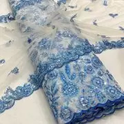 Blue thread and sequin floral embroidered pure viscose white big width georgette fabric