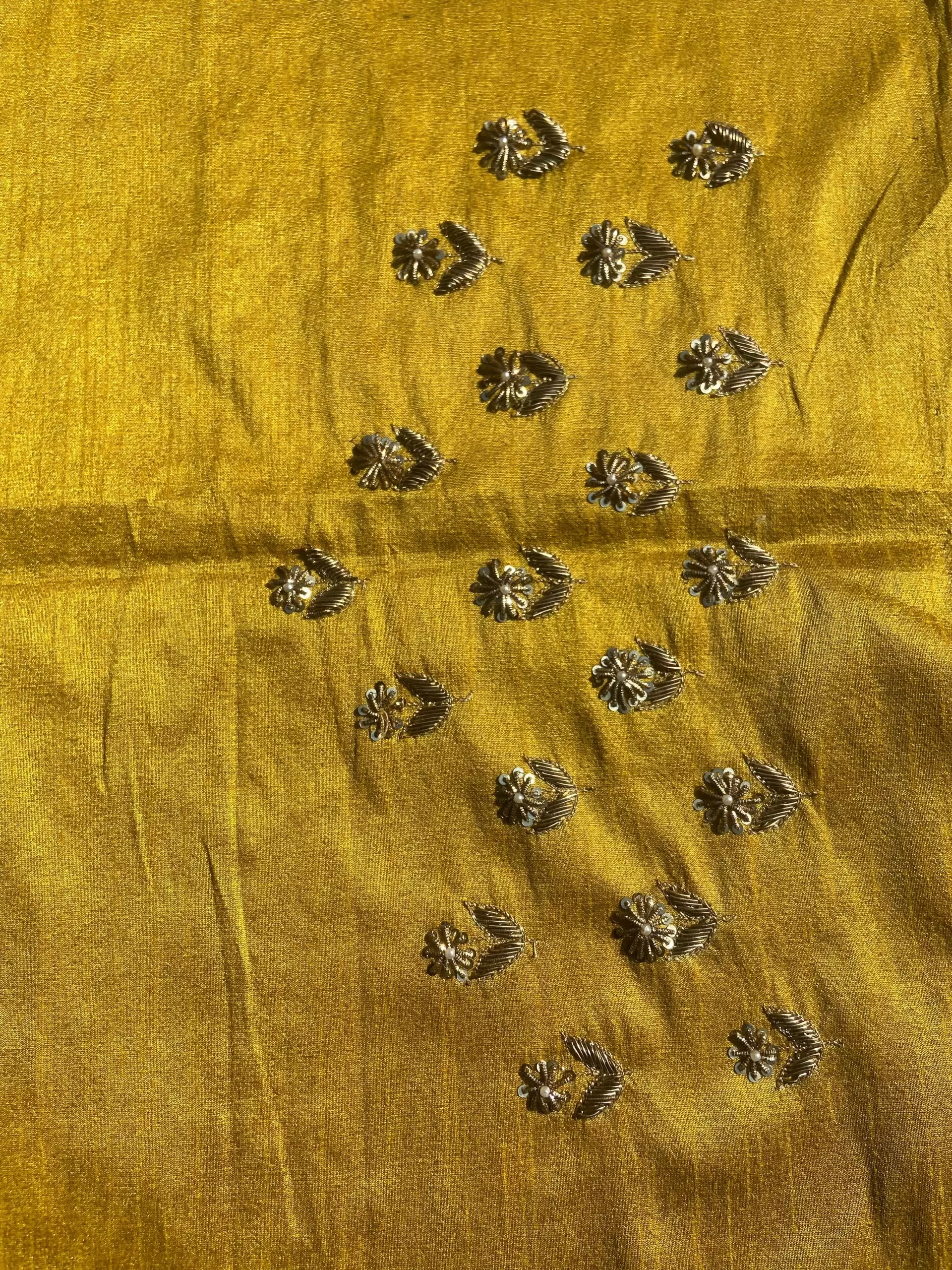 Buti Design Zardozi & Gota Hand embroidery on Dark mustard yellow unstitched blouse