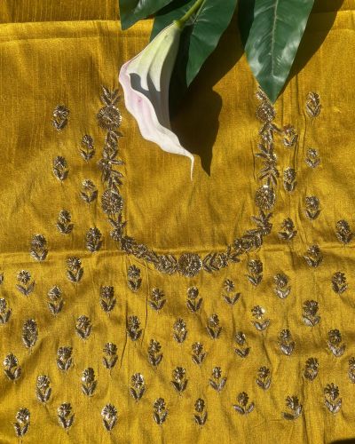 Buti Design Zardozi & Gota Hand embroidery on Dark mustard yellow unstitched blouse