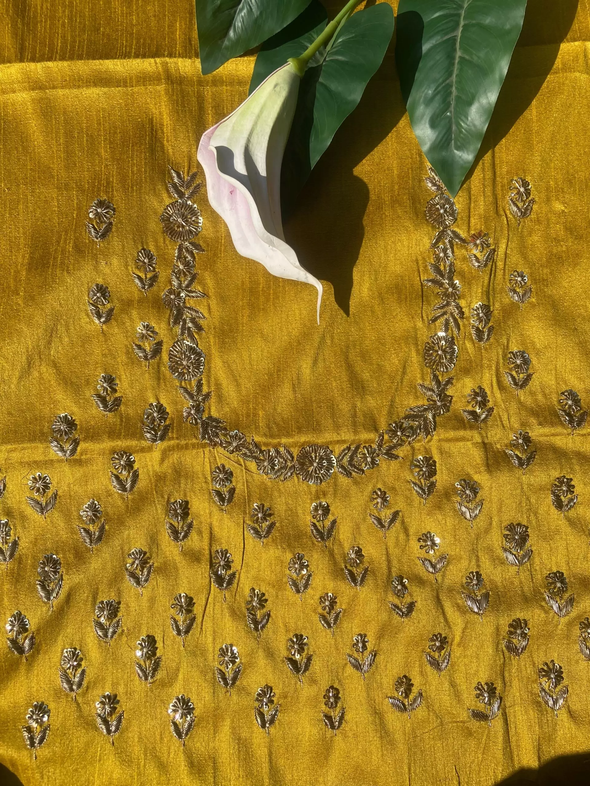 Buti Design Zardozi & Gota Hand embroidery on Dark mustard yellow unstitched blouse