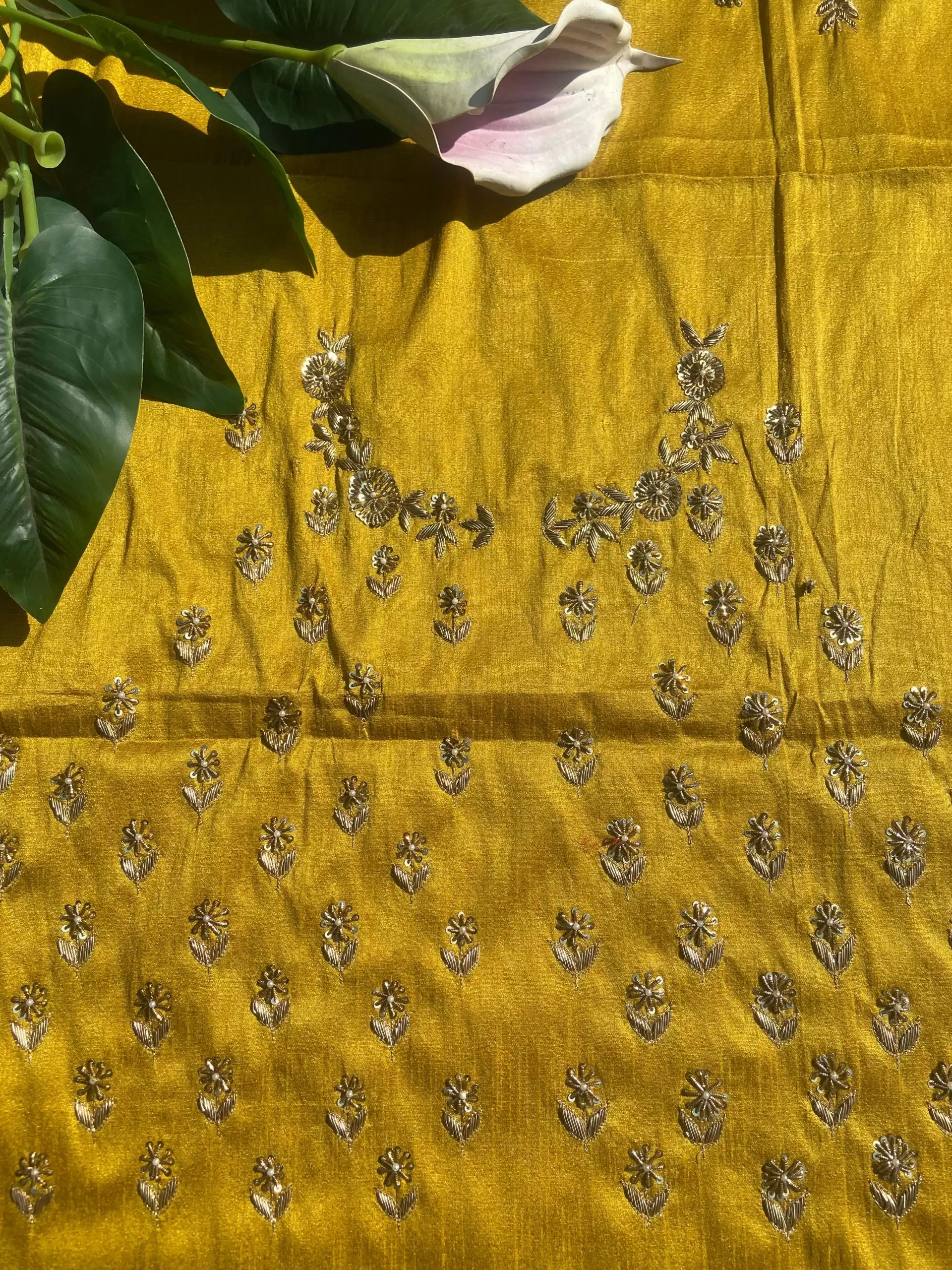 Buti Design Zardozi & Gota Hand embroidery on Dark mustard yellow unstitched blouse