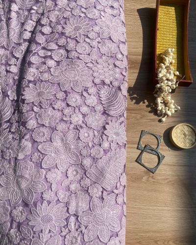 Floral Thread & Sequin Embroidery on Mauve Lavender Purple Wide Net Fabric