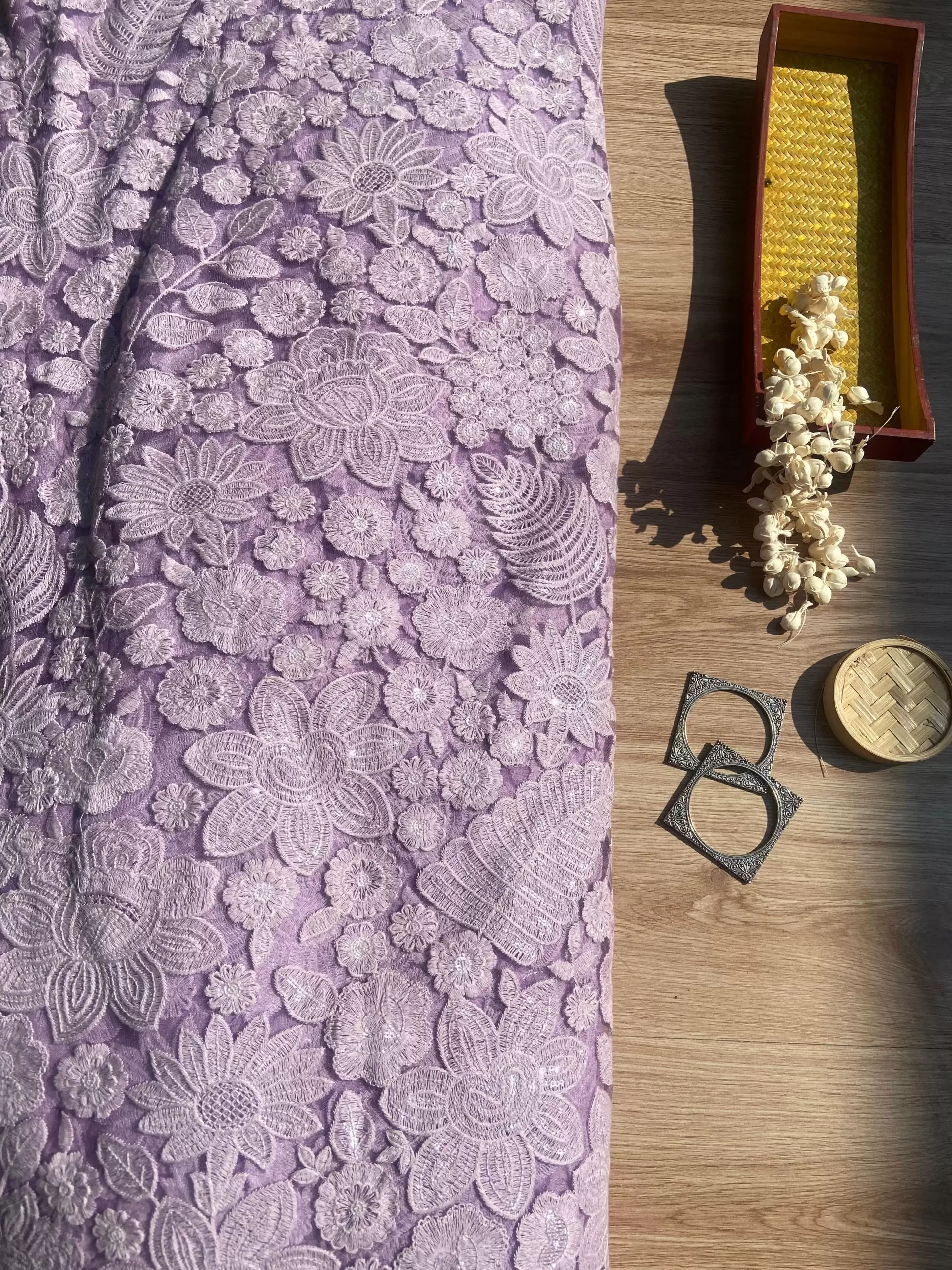 Floral Thread & Sequin Embroidery on Mauve Lavender Purple Wide Net Fabric