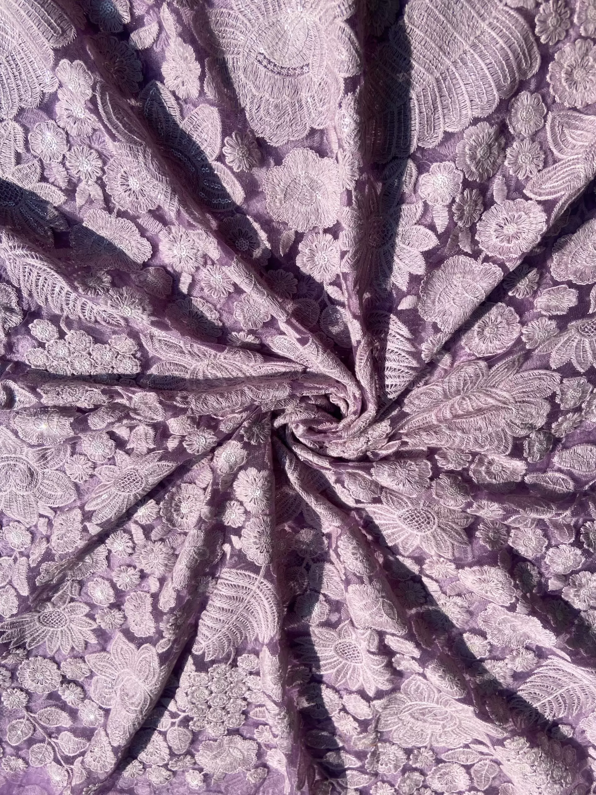Floral Thread & Sequin Embroidery on Mauve Lavender Purple Wide Net Fabric