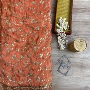 Orange heavy embroidered pure cosmos tissue silk fabric